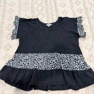 Umgee Black Tee with Leopard-Trim Ruffle